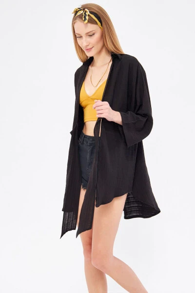 Woman Black Self-Striped Front Tie-Up Kimono - 3