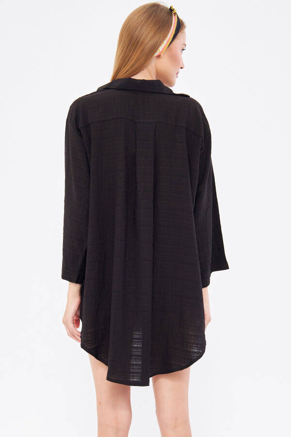 Woman Black Self-Striped Front Tie-Up Kimono - 4