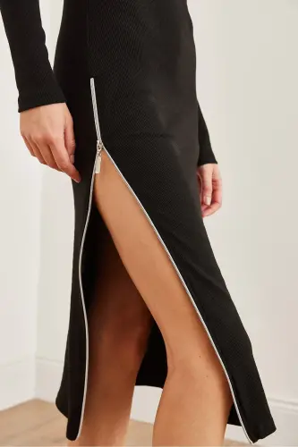 Woman Black Side Deep Zipper Slit Flexible Midi - 6