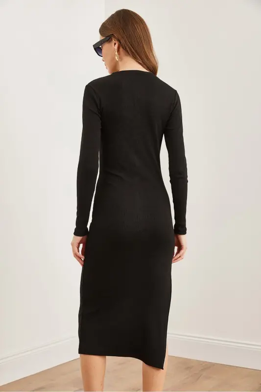 Woman Black Side Deep Zipper Slit Flexible Midi - 7