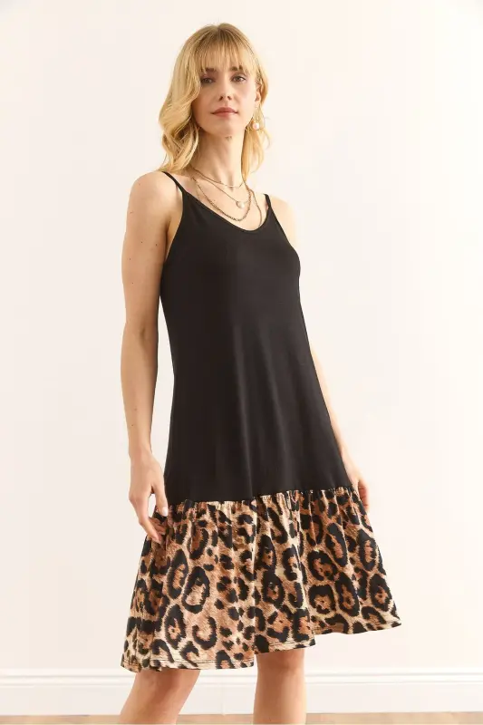Woman Black Skirt Leopard Trimmed Tank Dress ELB - 2