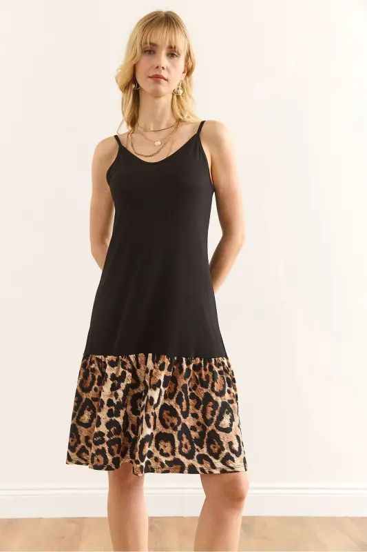 Woman Black Skirt Leopard Trimmed Tank Dress ELB - 3