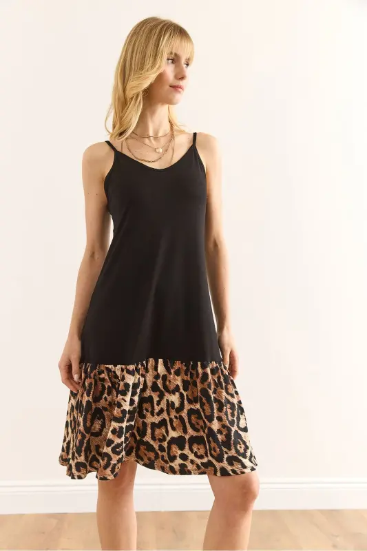 Woman Black Skirt Leopard Trimmed Tank Dress ELB - 4