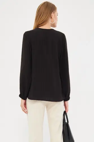 Woman Black Sleeve Elastic Crinkle Shirt ARM-24K001002-Black - 3