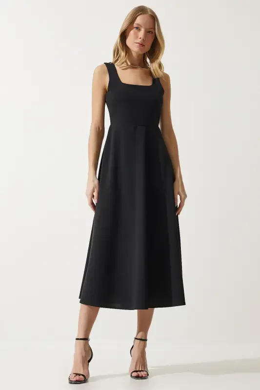 Woman Black Square Neck A-Line Dress DK00169-Black - HAPPINESS İSTANBUL