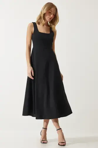 Woman Black Square Neck A-Line Dress DK00169-Black - HAPPINESS İSTANBUL (1)