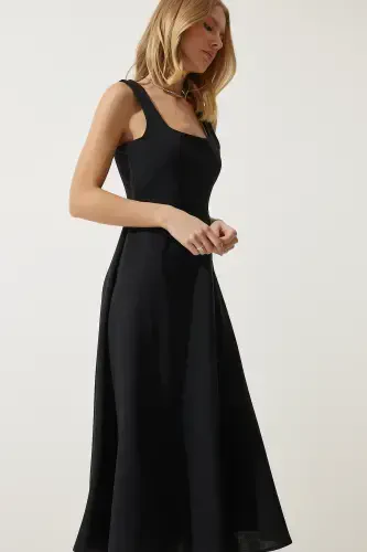 Woman Black Square Neck A-Line Dress DK00169-Black - 4