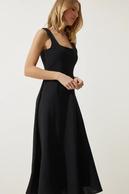 Woman Black Square Neck A-Line Dress DK00169-Black - 4