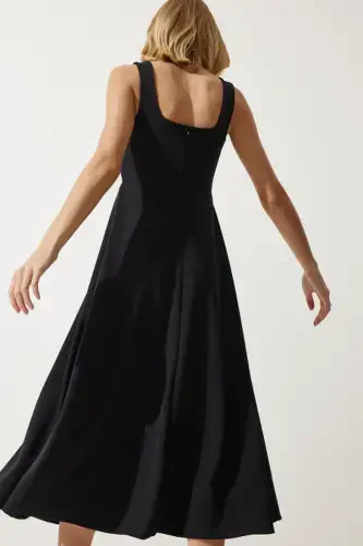 Woman Black Square Neck A-Line Dress DK00169-Black - 5