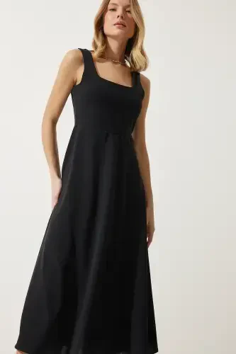 Woman Black Square Neck A-Line Dress DK00169-Black - 6