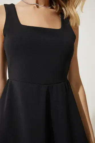 Woman Black Square Neck A-Line Dress DK00169-Black - 7