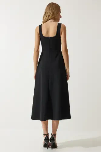 Woman Black Square Neck A-Line Dress DK00169-Black - 8