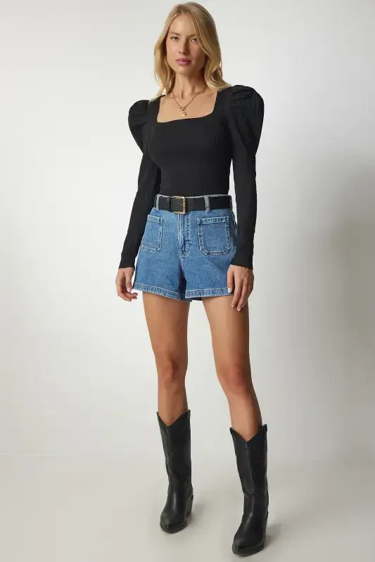 Woman Black Square Neck Ribbed Knit Blouse YY00159-Black - HAPPINESS İSTANBUL