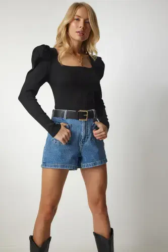 Woman Black Square Neck Ribbed Knit Blouse YY00159-Black - HAPPINESS İSTANBUL (1)