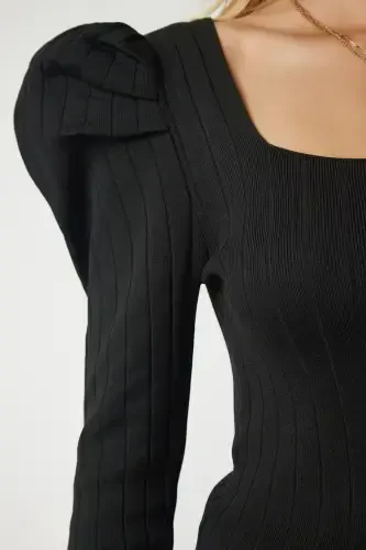 Woman Black Square Neck Ribbed Knit Blouse YY00159-Black - 3