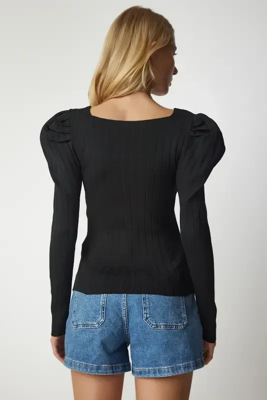 Woman Black Square Neck Ribbed Knit Blouse YY00159-Black - 4
