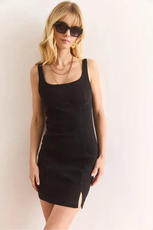 Woman Black Stitch Detail Mini Slit Denim Dress - 5