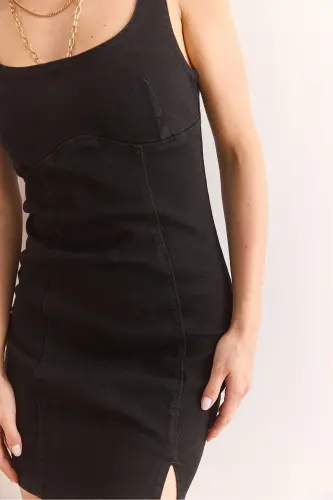 Woman Black Stitch Detail Mini Slit Denim Dress - 7