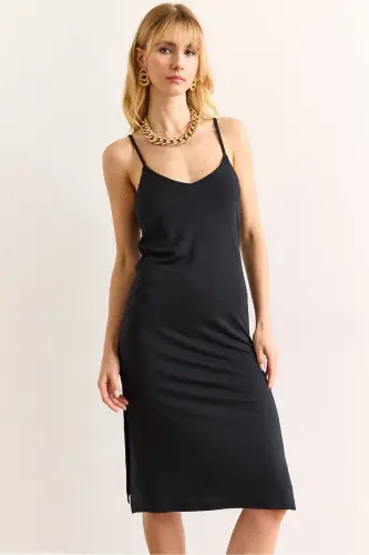 Woman Black Strap Adjustable Slit Mini Dr 