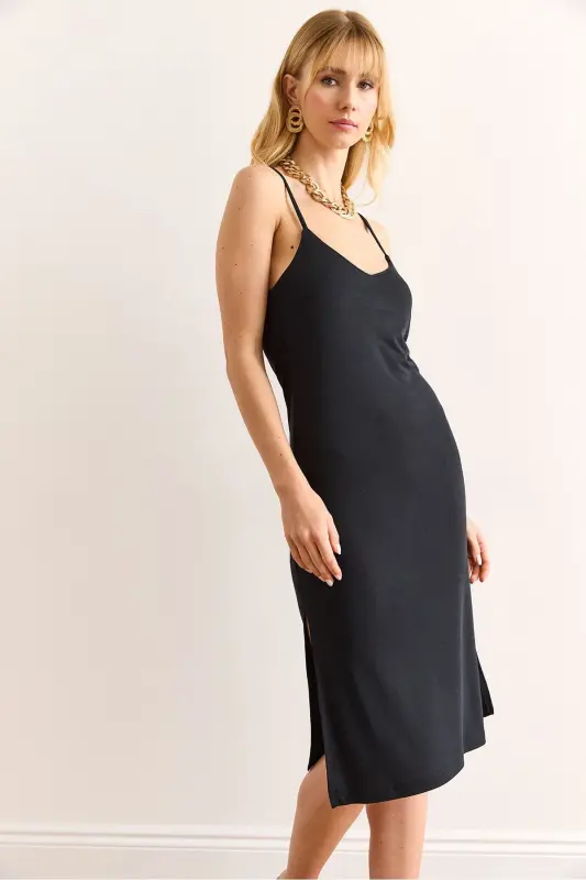 Woman Black Strap Adjustable Slit Mini Dr - 3