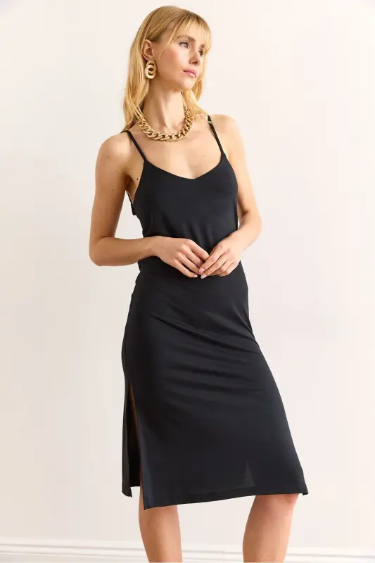 Woman Black Strap Adjustable Slit Mini Dr - 5