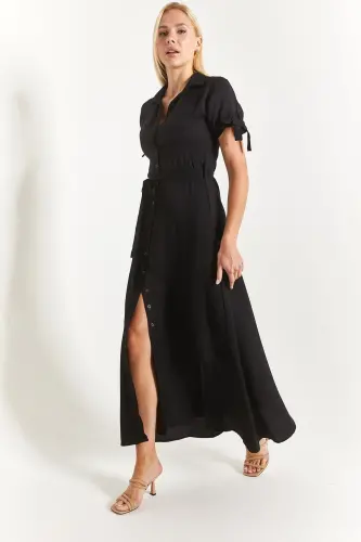 Woman Black Tie Sleeve Belted Waist Shirt Dress Arm-23y001004-Black 