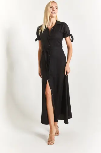 Woman Black Tie Sleeve Belted Waist Shirt Dress Arm-23y001004-Black - 2