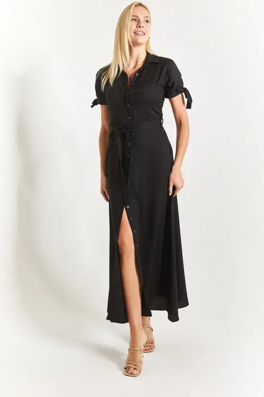 Woman Black Tie Sleeve Belted Waist Shirt Dress Arm-23y001004-Black - 2