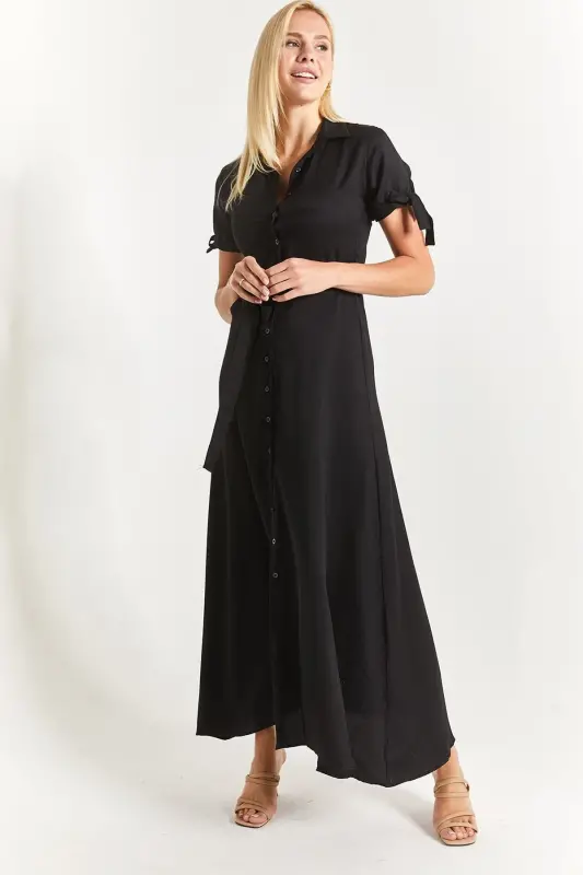 Woman Black Tie Sleeve Belted Waist Shirt Dress Arm-23y001004-Black - 3