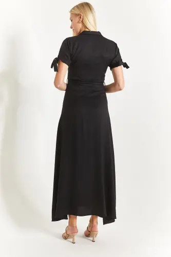 Woman Black Tie Sleeve Belted Waist Shirt Dress Arm-23y001004-Black - 4