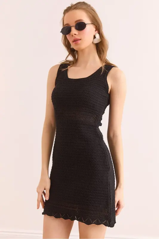 Woman Black Tight Knitted Waist Detailed Mini Cotton Dress - 1