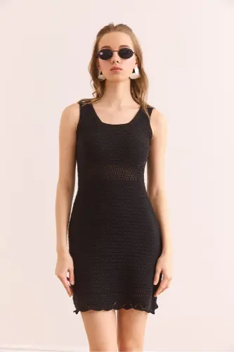 Woman Black Tight Knitted Waist Detailed Mini Cotton Dress - OLALOOK (1)