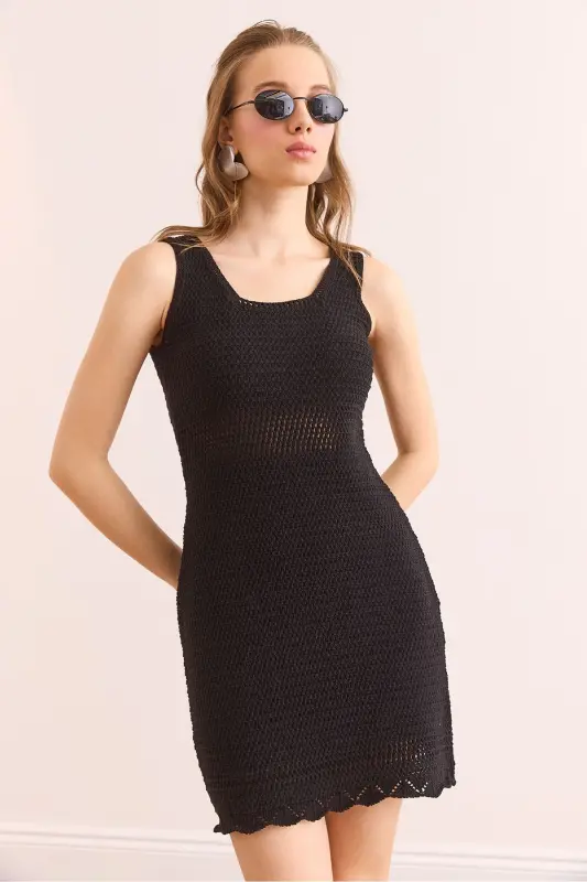 Woman Black Tight Knitted Waist Detailed Mini Cotton Dress - 3