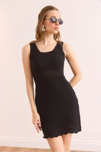 Woman Black Tight Knitted Waist Detailed Mini Cotton Dress - 4