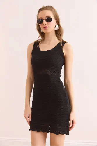Woman Black Tight Knitted Waist Detailed Mini Cotton Dress - 5