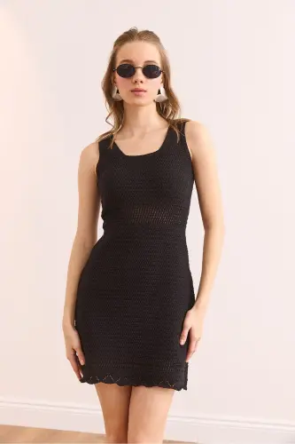 Woman Black Tight Knitted Waist Detailed Mini Cotton Dress - 8