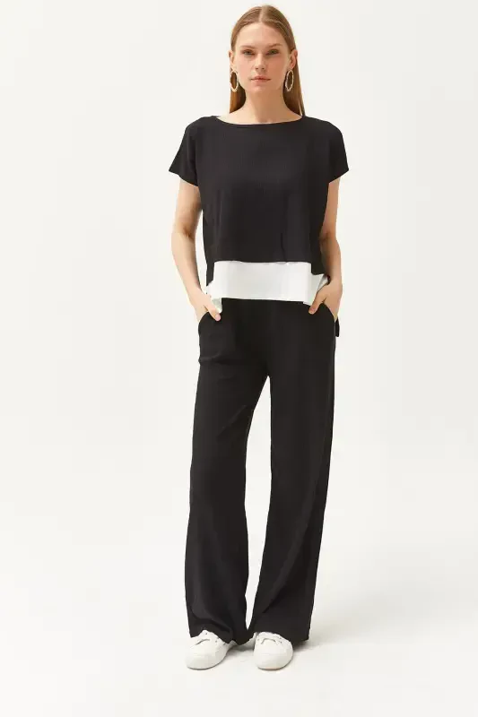 Woman Black Top Blouse Bottom Pants Suit TKM-190002 - OLALOOK