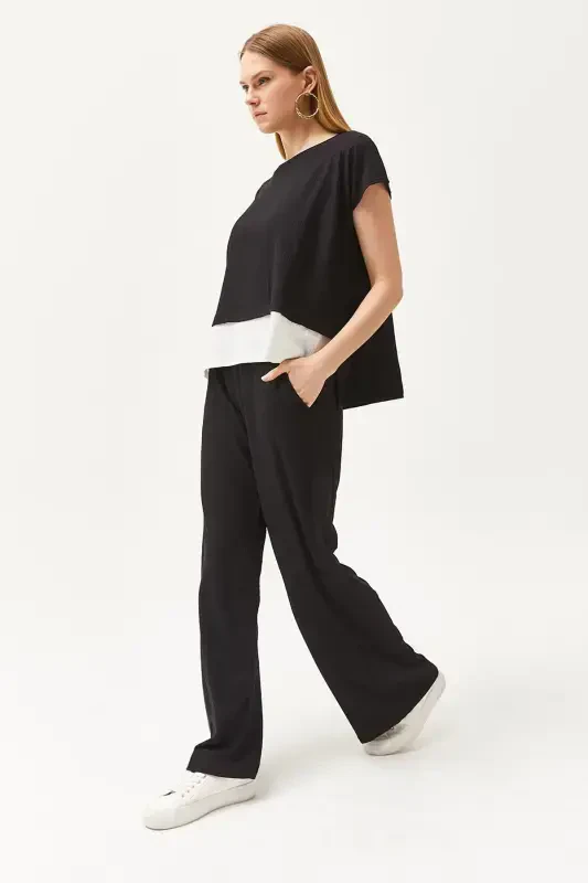 Woman Black Top Blouse Bottom Pants Suit TKM-190002 - 2