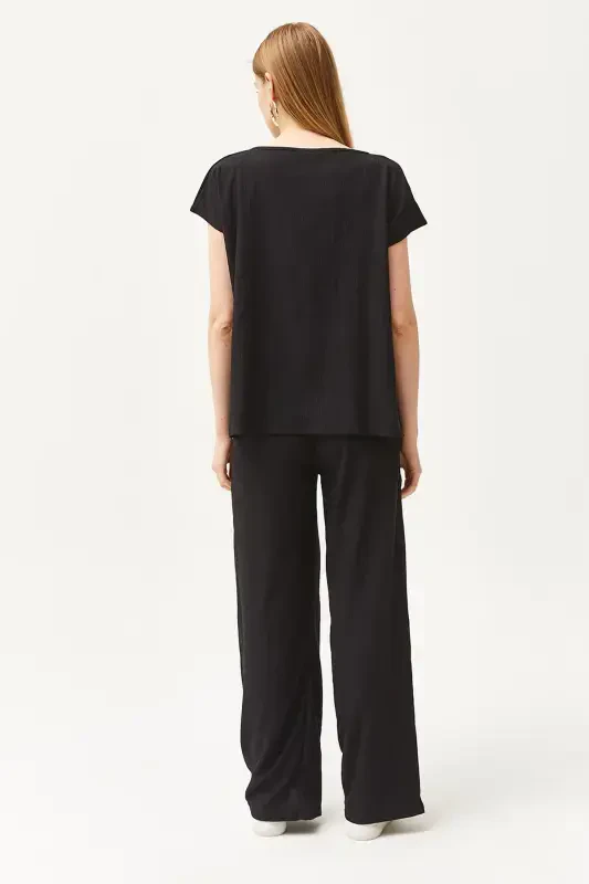 Woman Black Top Blouse Bottom Pants Suit TKM-190002 - 6