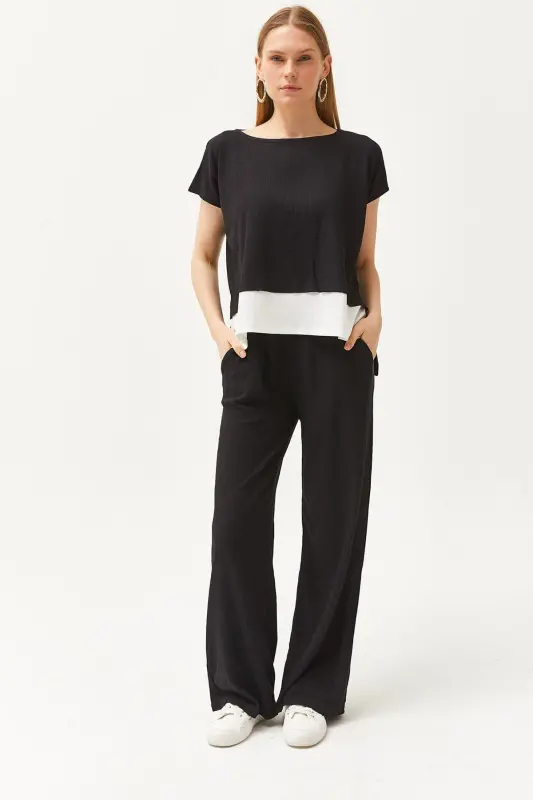 Woman Black Top Blouse Bottom Pants Suit TKM-190002 - OLALOOK