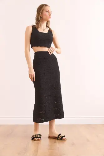 Woman Black Top Blouse Bottom Skirt Cotton Suit TKM-1900 - OLALOOK (1)