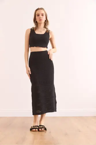 Woman Black Top Blouse Bottom Skirt Cotton Suit TKM-1900 - 3