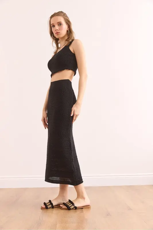 Woman Black Top Blouse Bottom Skirt Cotton Suit TKM-1900 - 4