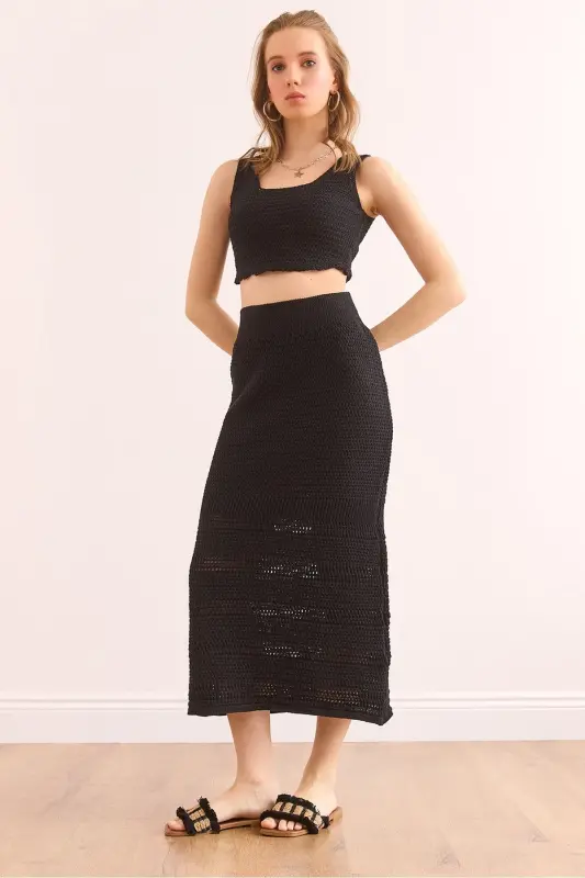 Woman Black Top Blouse Bottom Skirt Cotton Suit TKM-1900 - 1
