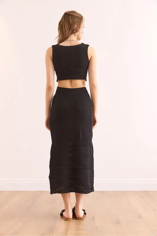 Woman Black Top Blouse Bottom Skirt Cotton Suit TKM-1900 - 6