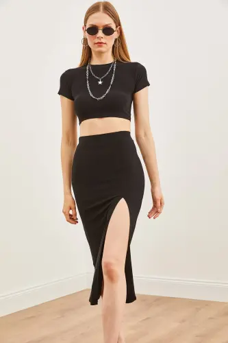 Woman Black Top Blouse Deep Slit Sandy Skirt Set - 4