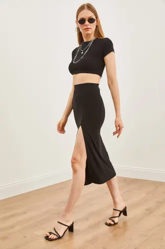 Woman Black Top Blouse Deep Slit Sandy Skirt Set - 6