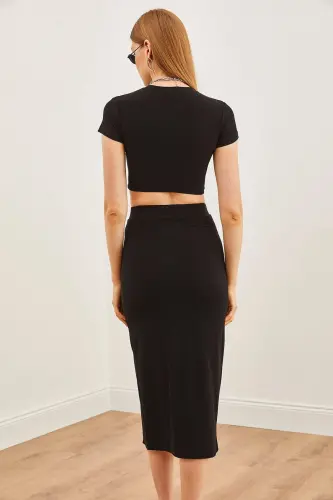 Woman Black Top Blouse Deep Slit Sandy Skirt Set - 7