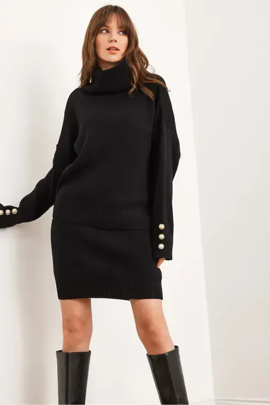 Woman Black Top Button Detailed Sweater Bottom Pleated Skirt Knitted Suit TKM-19000329-Black - 1
