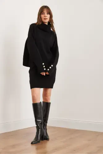 Woman Black Top Button Detailed Sweater Bottom Pleated Skirt Knitted Suit TKM-19000329-Black - 2